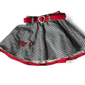 Vintage Gingham Skirt 3T Black & White with Red Heart Belt & Embroidered Flowers